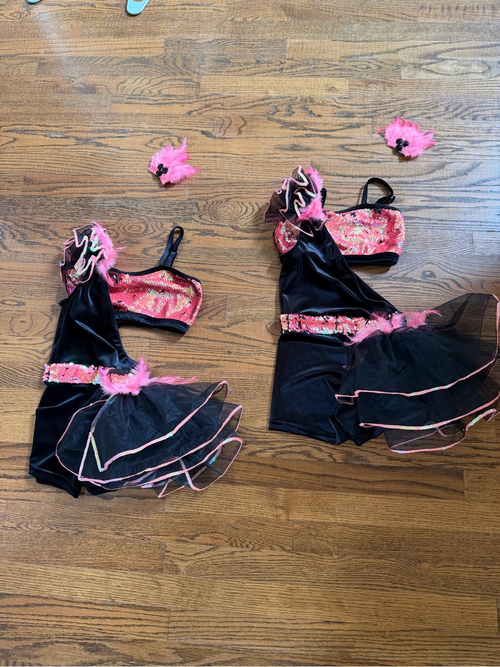 2 costumes Girls Sequin & Feather Dance Costume-Pink & Black girls size 8 & 10